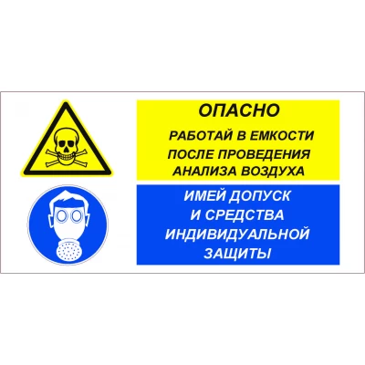 Знак Опасно - работай в емкости после проведения анализа воздуха. имей допуск и средства индивидуальной защиты